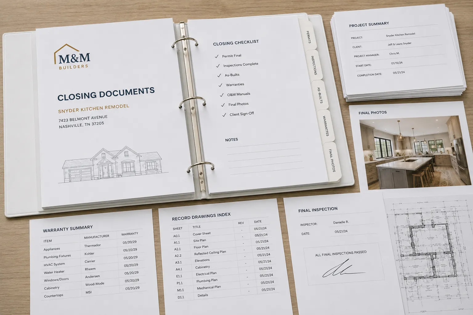 An open closing-documents binder surrounded by loose warranty summaries, record drawings, and inspection sheets