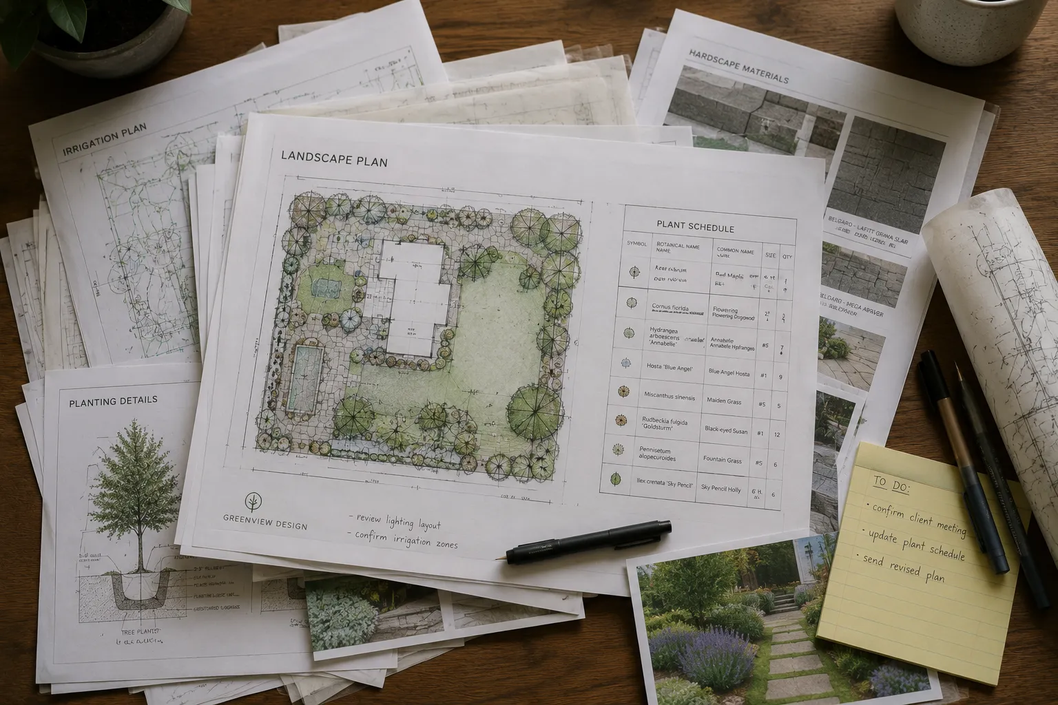 A pile of paper landscape plans, plant schedules, and marked-up drawings scattered across a work surface