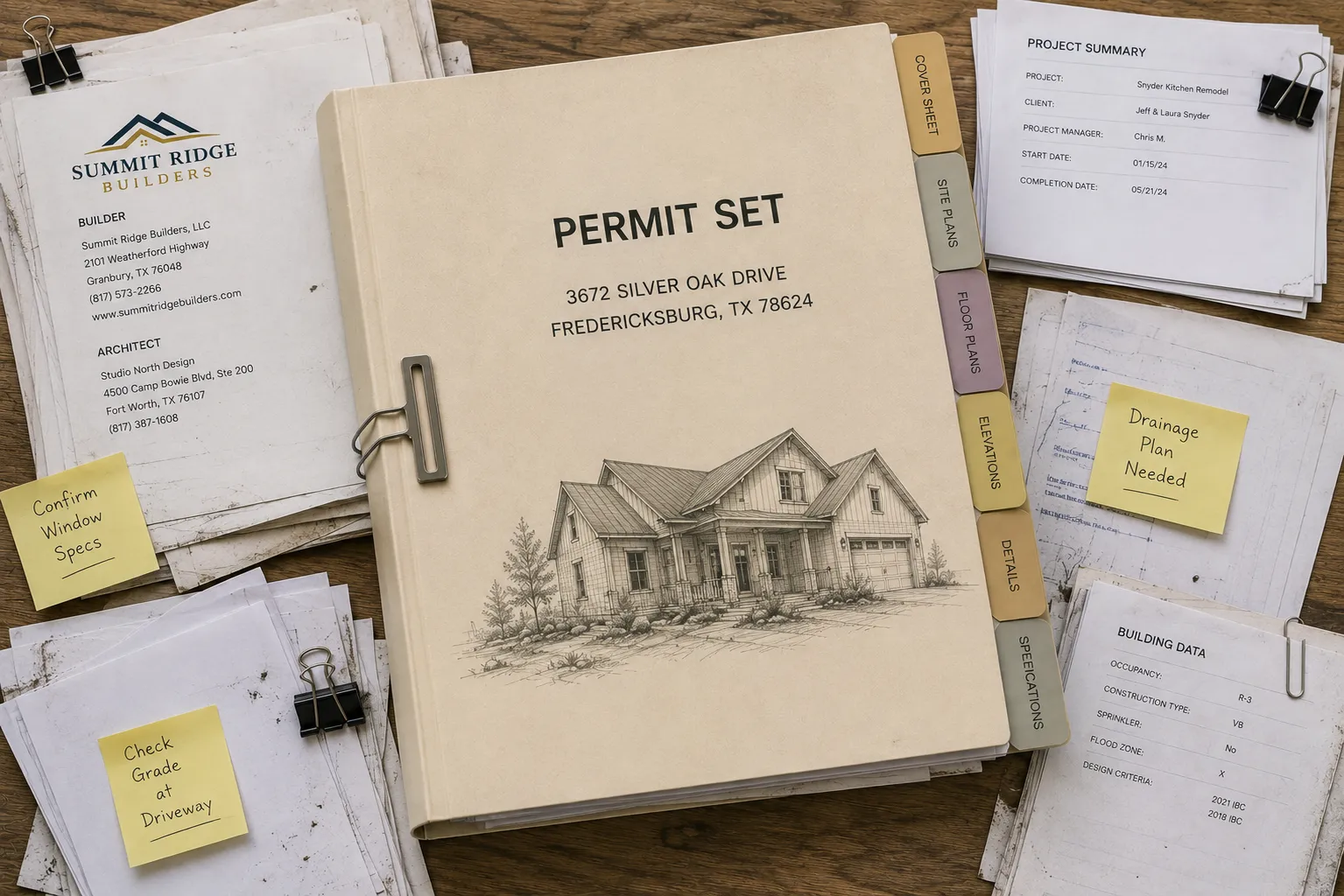 A paper permit set folder buried under loose site plans, sticky notes, and hand-written reminders on a desk