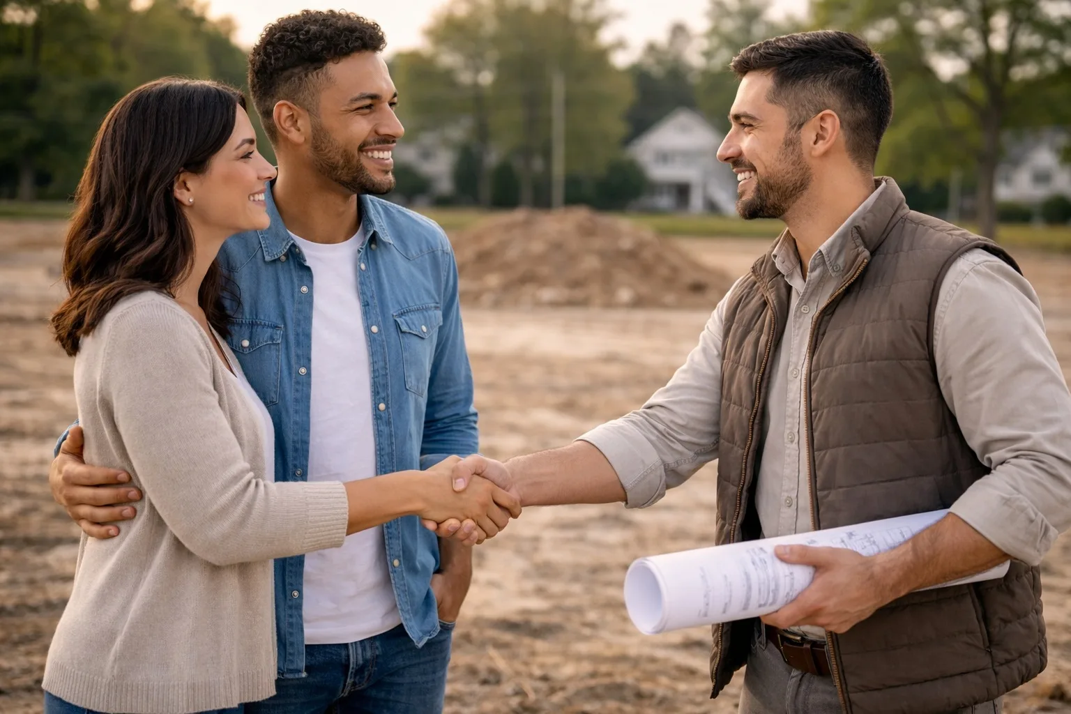 A couple shakes hands with their builder on an empty homesite, blueprints in hand.