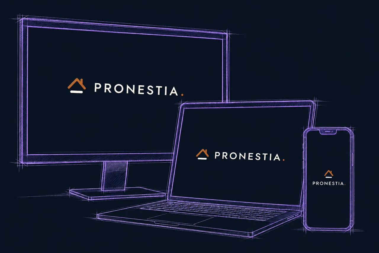 Pronestia shown on a desktop monitor, laptop, and phone
